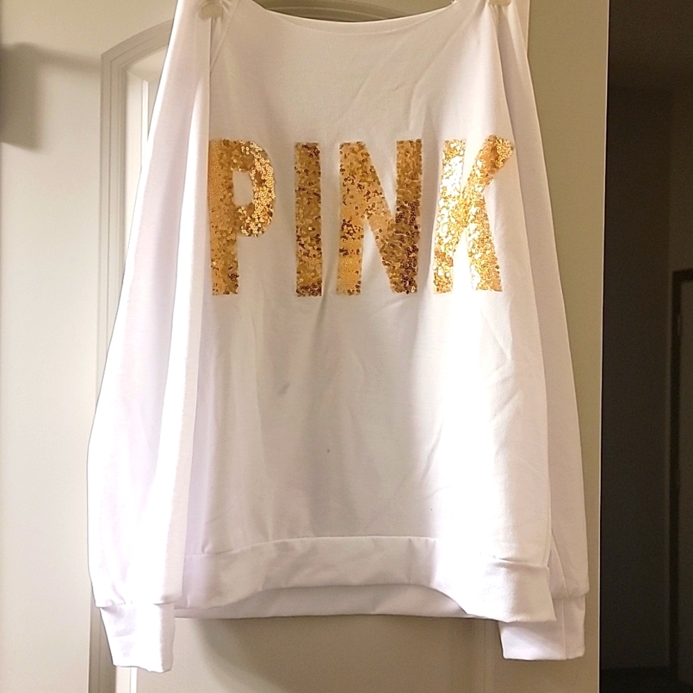 NWOT White Sweatshirt with Gold Glitter PINK Lettering